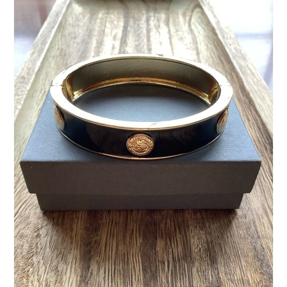 Gold Tone & Black Enamel Bangle Bracelet Medallion Pattern (Similar to Coach)